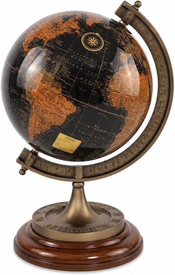 Antique-Style Decorative World Globe - Black and Gold Rotating Globe with Cast Aluminium Meridian and Wooden Base