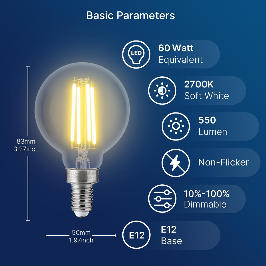 G16.5 Dimmable LED Candelabra Bulbs 60W Equivalent, LED E12 Chandelier Light Bulbs, 550LM, CRI90, 5.5W, AC 120V, 6