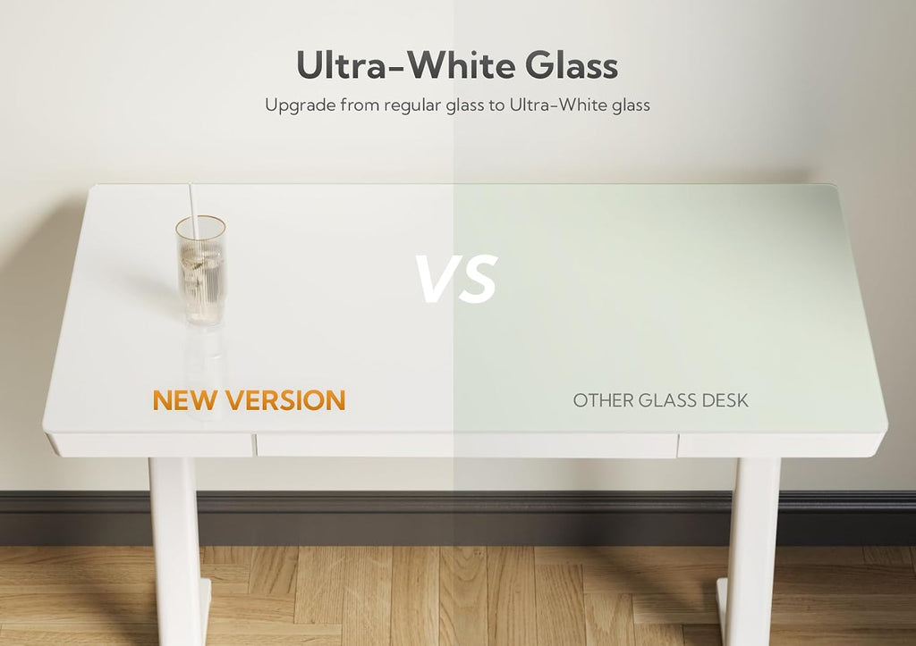 Glass Standing Desk with Drawers & USB Ports 55x24 Inch, White | 3 Steps Quick Install, 2 Zones Drawer, USB Ports
