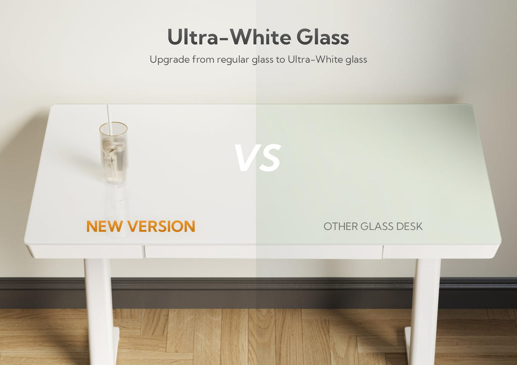 35" Small Glass Standing Desk with Drawers & USB Ports, Whole-Piece Glass Top Adjustable Height Desks, Quick-Install