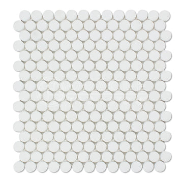 Thassos White Greek Marble Penny Round Mosaic Tile, Honed