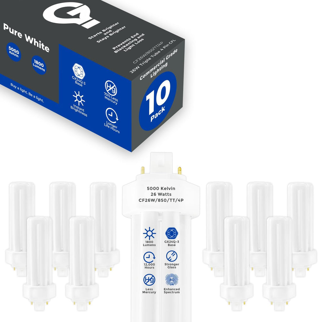 26 Watt CFL Light Bulbs 4 Pin GX24Q-3 Base 5000K Daylight 26W High Output 1800 Lumens Triple Tube Compact Fluorescent