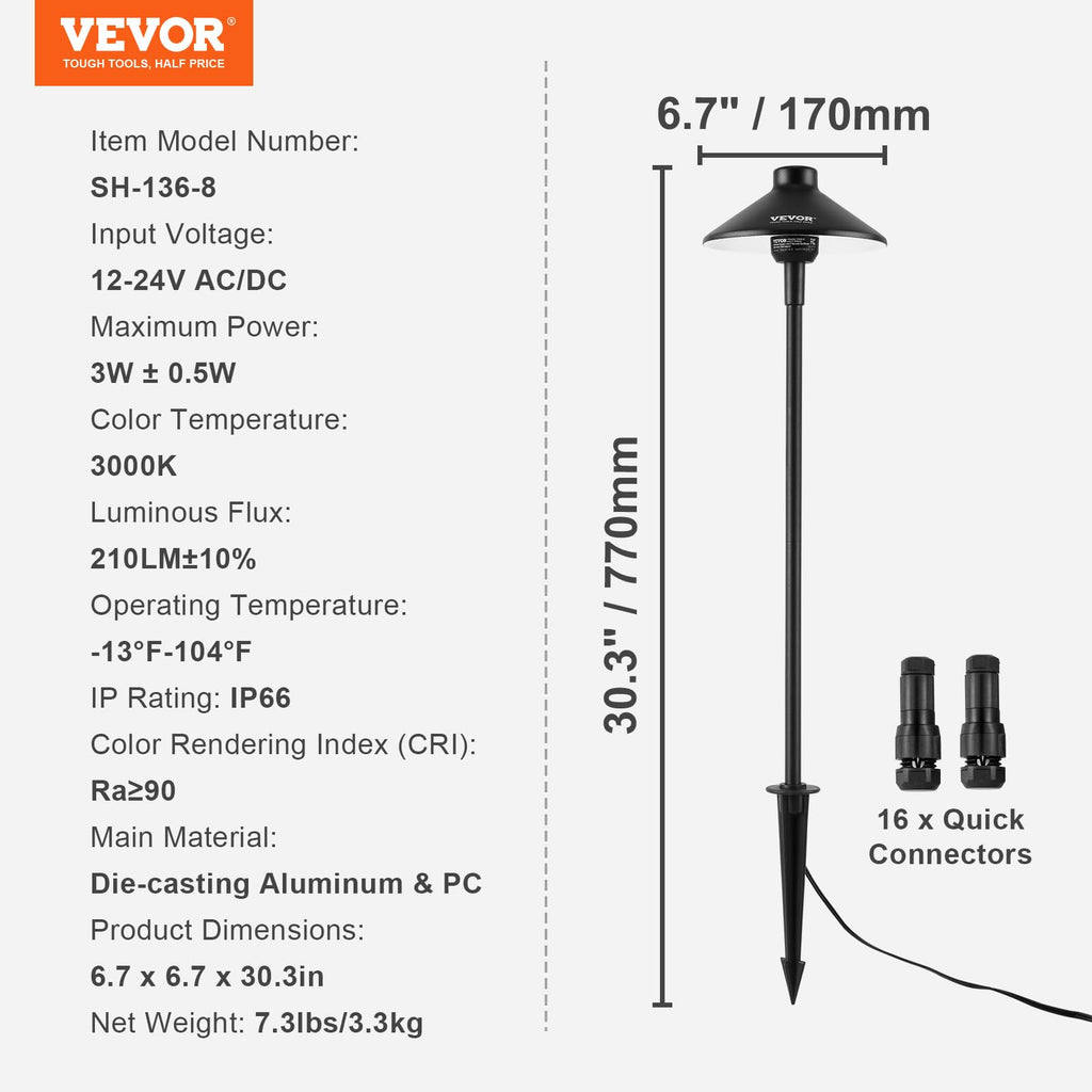 8 Pack Low Voltage Landscape Path Lights, 3W 210LM 12V-24VAC/DC Outdoor LED Pathway Lighting, 3000K Warm White