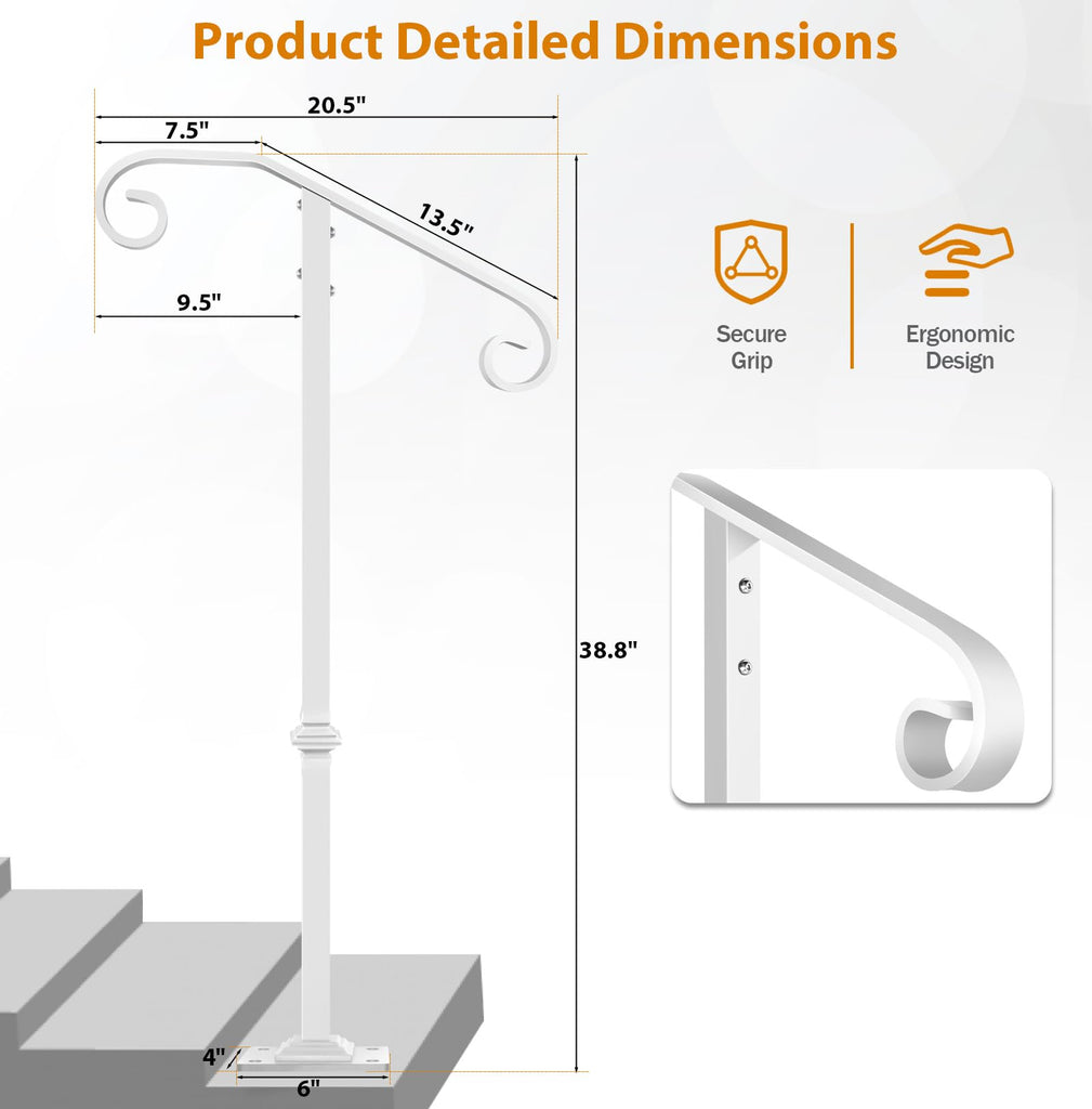 Handrail Railing, Single Post Handrail Fits 1 or 2 Steps, Sturdy Outdoor Stair Railing for Concrete&Wooden Steps with