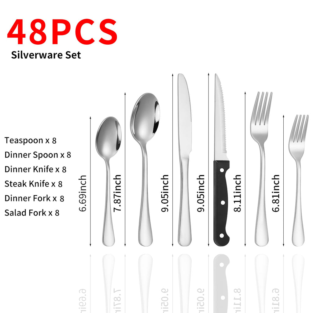 48-Piece Silverware Set for 8 with Steak Knives, Stainless Steel Flatware Set, 18/8 Food Grade Cutlery Set, Mirror
