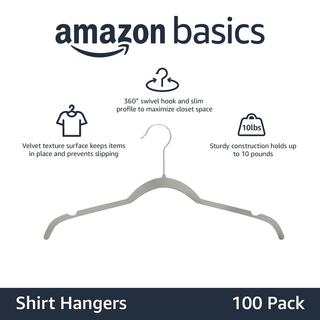 Basics Space Saving Slim Velvet Non-Slip Clothes Hangers, Sturdy, Gray/Silver, 100-Pack