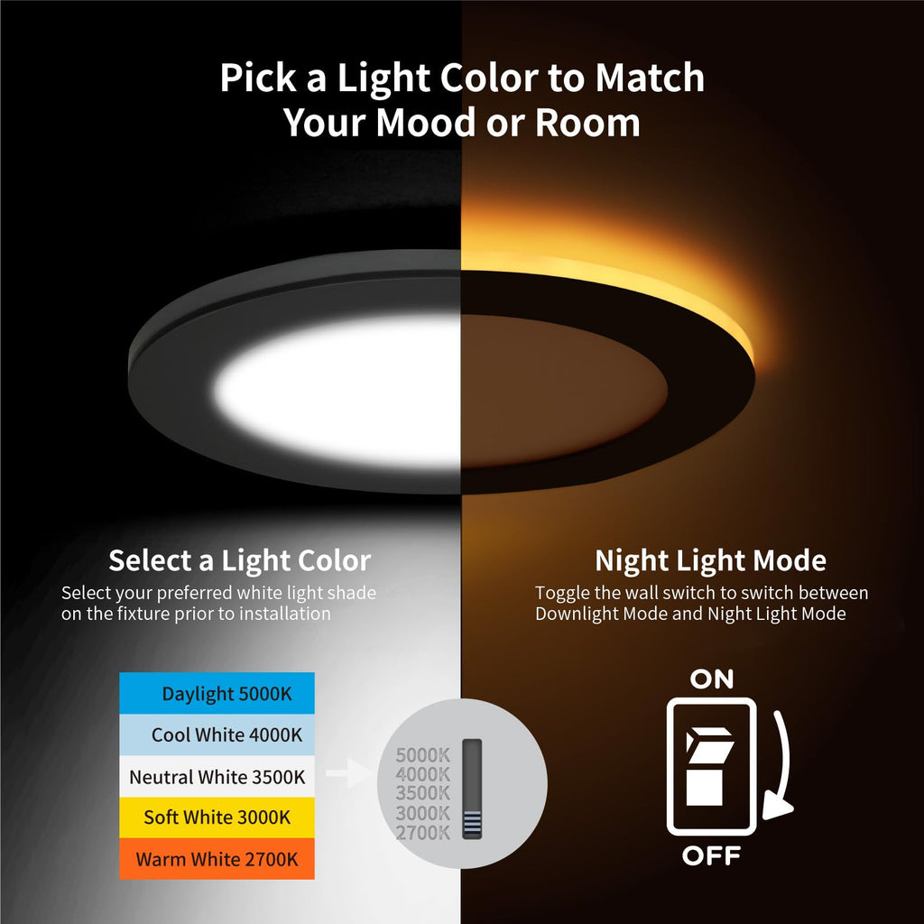 12 Pack 6 Inch 5CCT LED Recessed Lighting with Night Light, Black