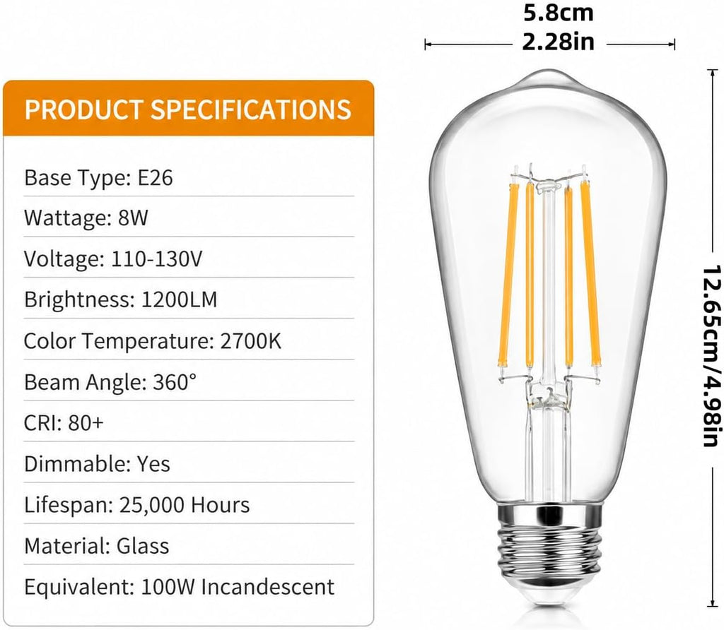ST58 E26 LED Bulbs,8W Equivalent 100W,Dimmable,2700K Warm White,4 Pack
