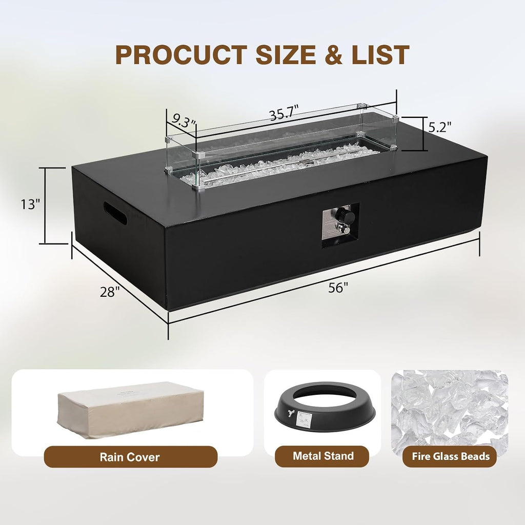 2-Piece Outdoor Propane Fire Pit Table Set - Premium Marble-Like MgO Finish, 56-Inch Gas Fire Table with Glass Wind