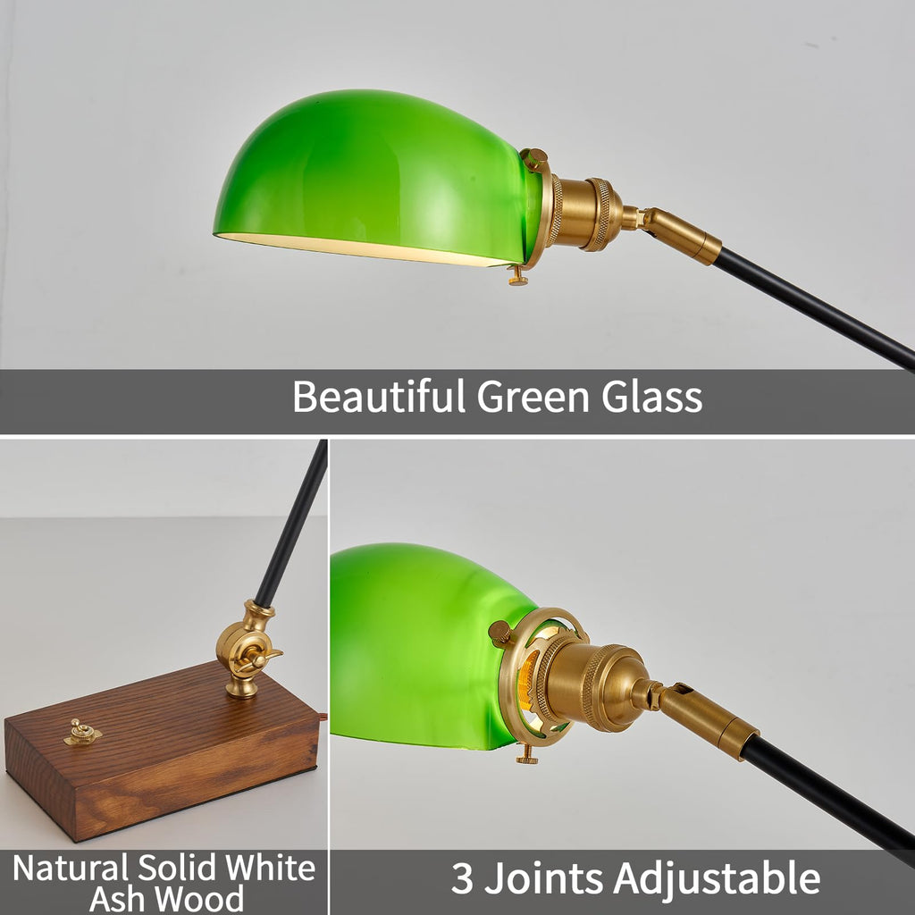 Vintage Green Glass Solid Wood BLack Gold Adjustable Swing Arm Desk Lamp
