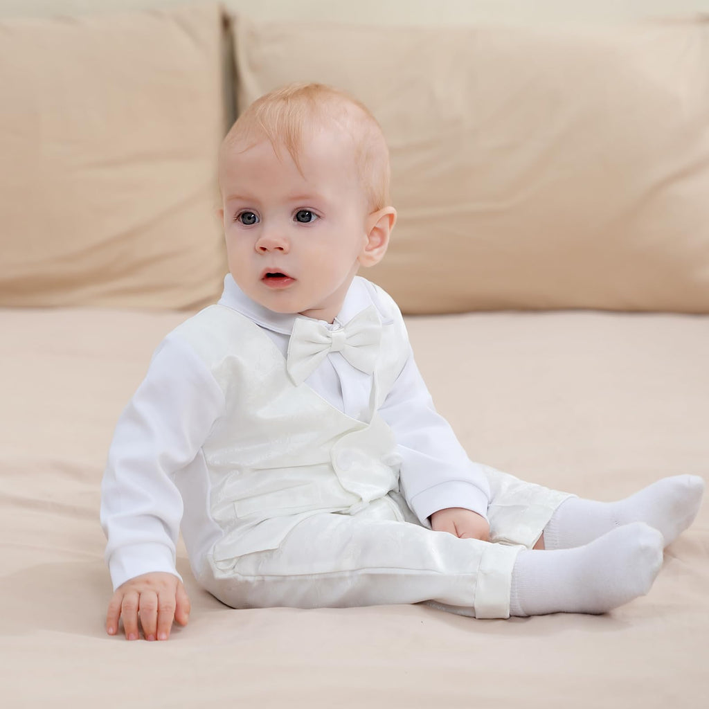 Baby Boy Baptism Outfit Long Sleeve Romper White