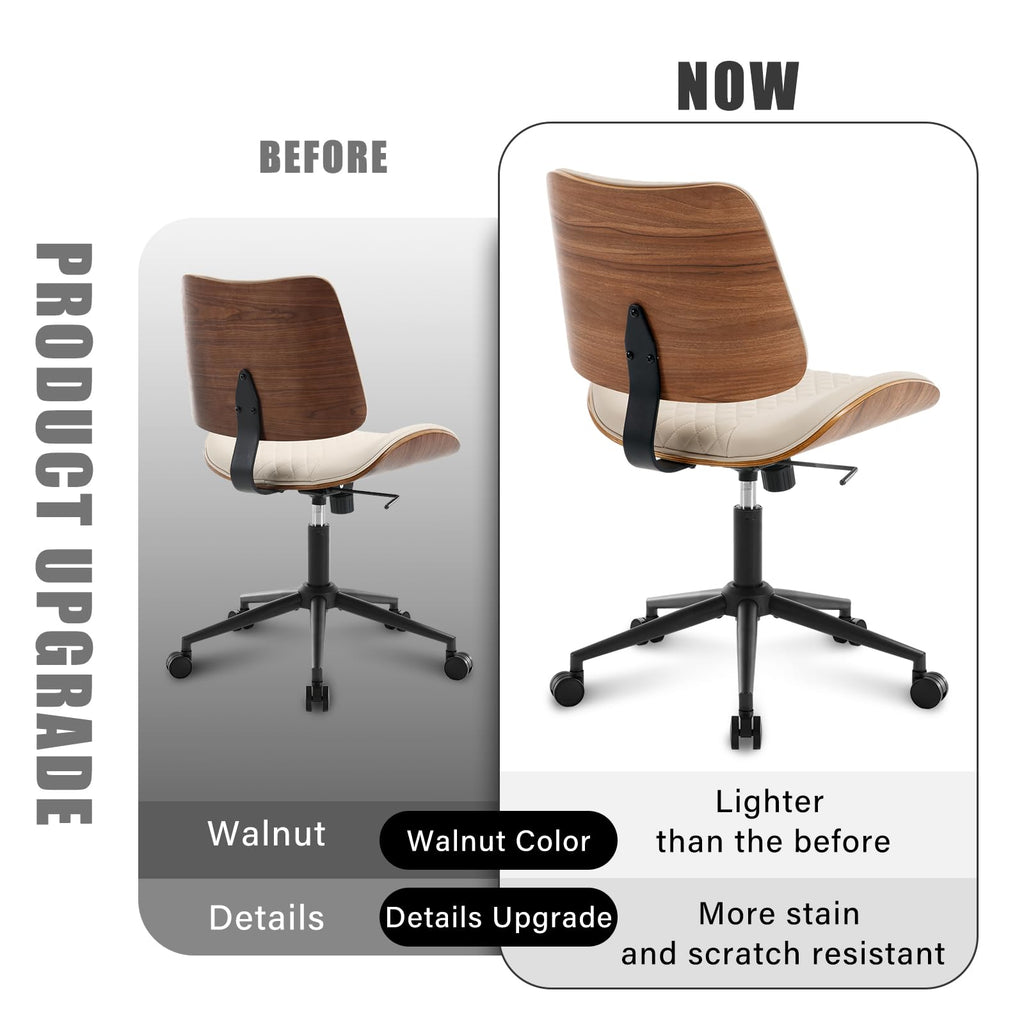 Office Chair No Arms with Wheels, Mid Back Walnut Style, Beige