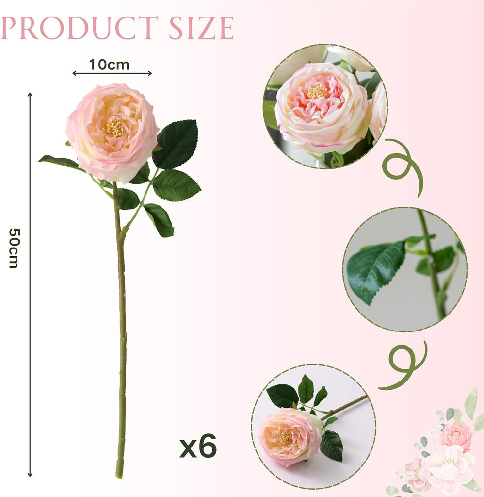 Real Touch Peonies Artificial Flowers, Blush Pink Fake Roses with Stem - Set of 6