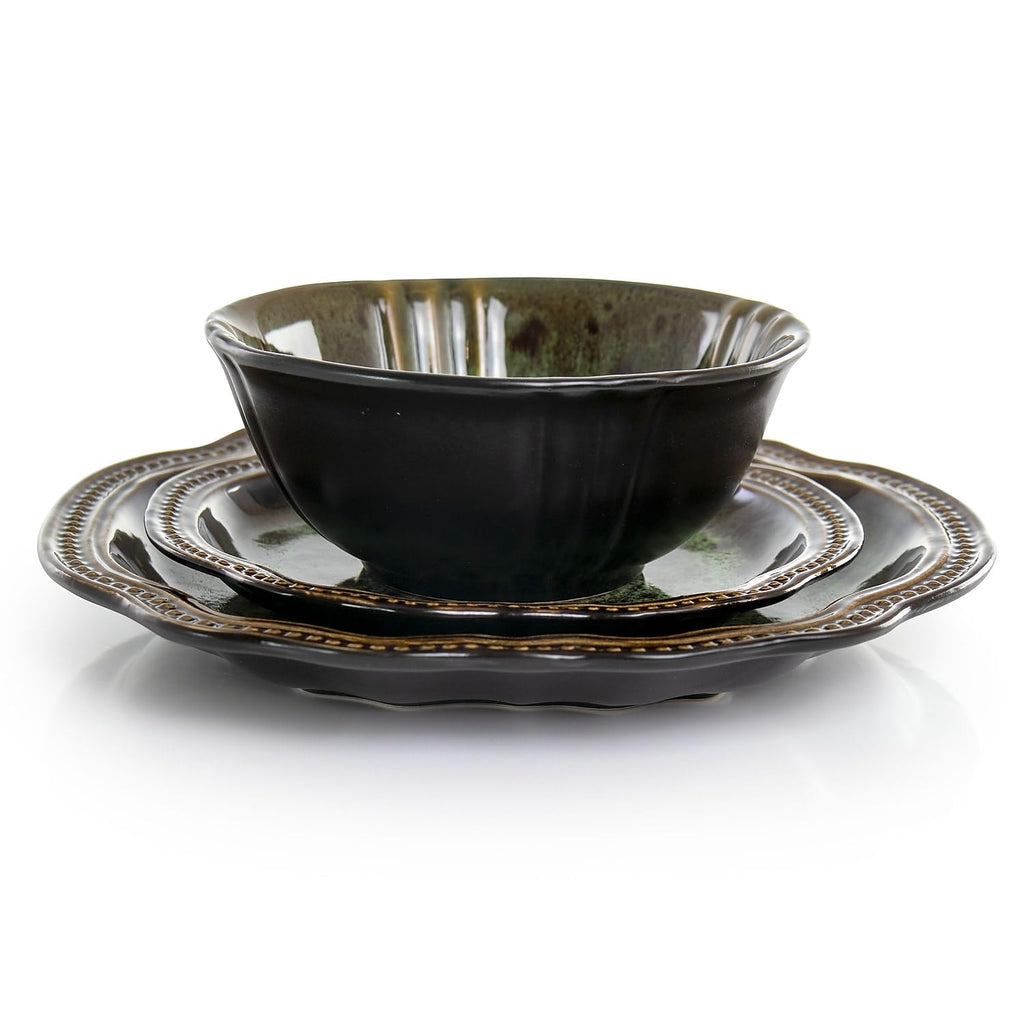 Stoneware Round Oval Dinnerware Dish Set, Jade Green