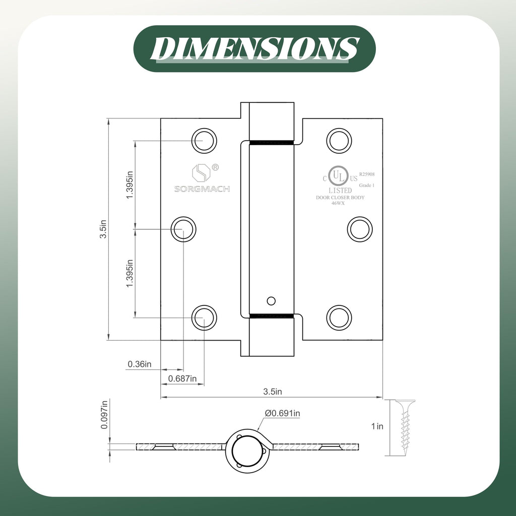 3 Pack Self Closing Door Hinges 3.5 inch Satin Nickel Door Hinges Spring Loaded Auto Close Hinges Square Corners