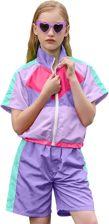 Girls Summer 2 Piece Outfits 80s 90s Tracksuit Windbreaker & Short Sets Hip Hop Dance
