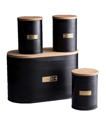 Black Metal Canisters with Wooden Lids - Set of 4 Airtight Storage Tins for Coffee, Tea, Sugar & More - Modern Ribbed