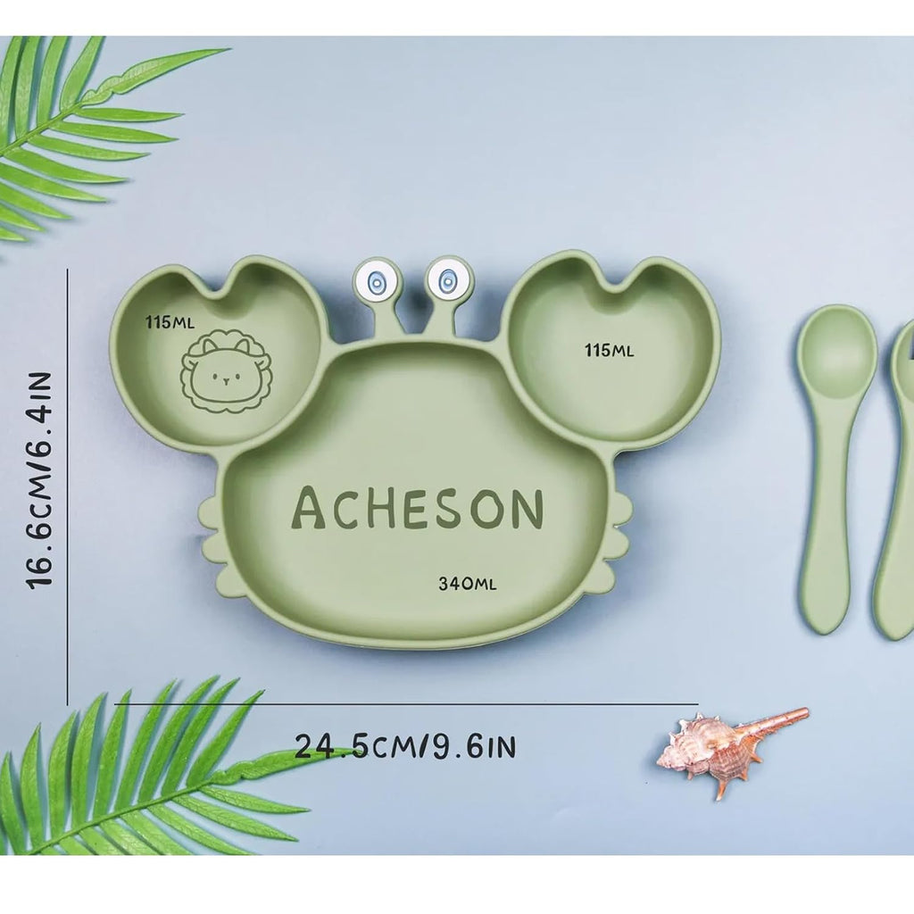 Personalized Baby Meal Set With Spoon and Fork, Custom Kids Dining Set, Cute Crab-Shaped Silicone Meal Plate, Kids