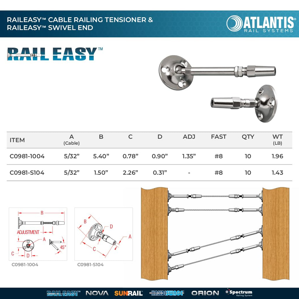 RailEasy Cable Railing Kit (5/32") - Includes C0981-1004 Tensioner & C0981-S104 Swivel Ends - 316L Marine Grade