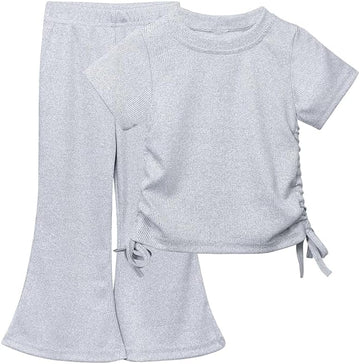 Girls Ribbed Knit Tee Bell Bottoms Outfits Kids 2Pcs Short Sleeve T-shirt with Drawstring Side + Flare Pants Set
