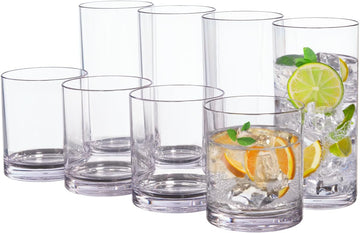Classic Clear Plastic Reusable Drinking Glasses (Set of 8) 12oz Rocks & 16oz Water Cups | BPA-Free Tumblers, Made in