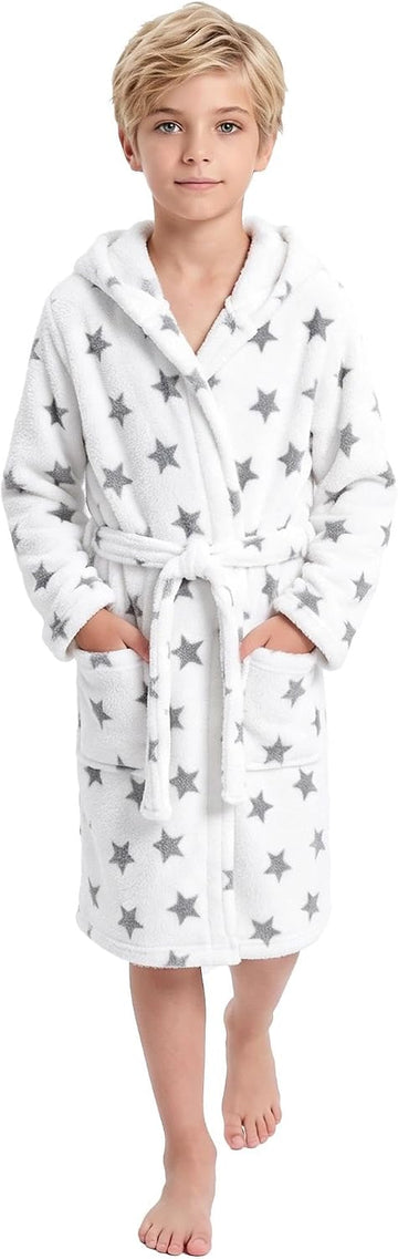 Boys Fleece Hooded Robe, Soft Print Bathrobe Kids 5-14(Gray Stars9-10)