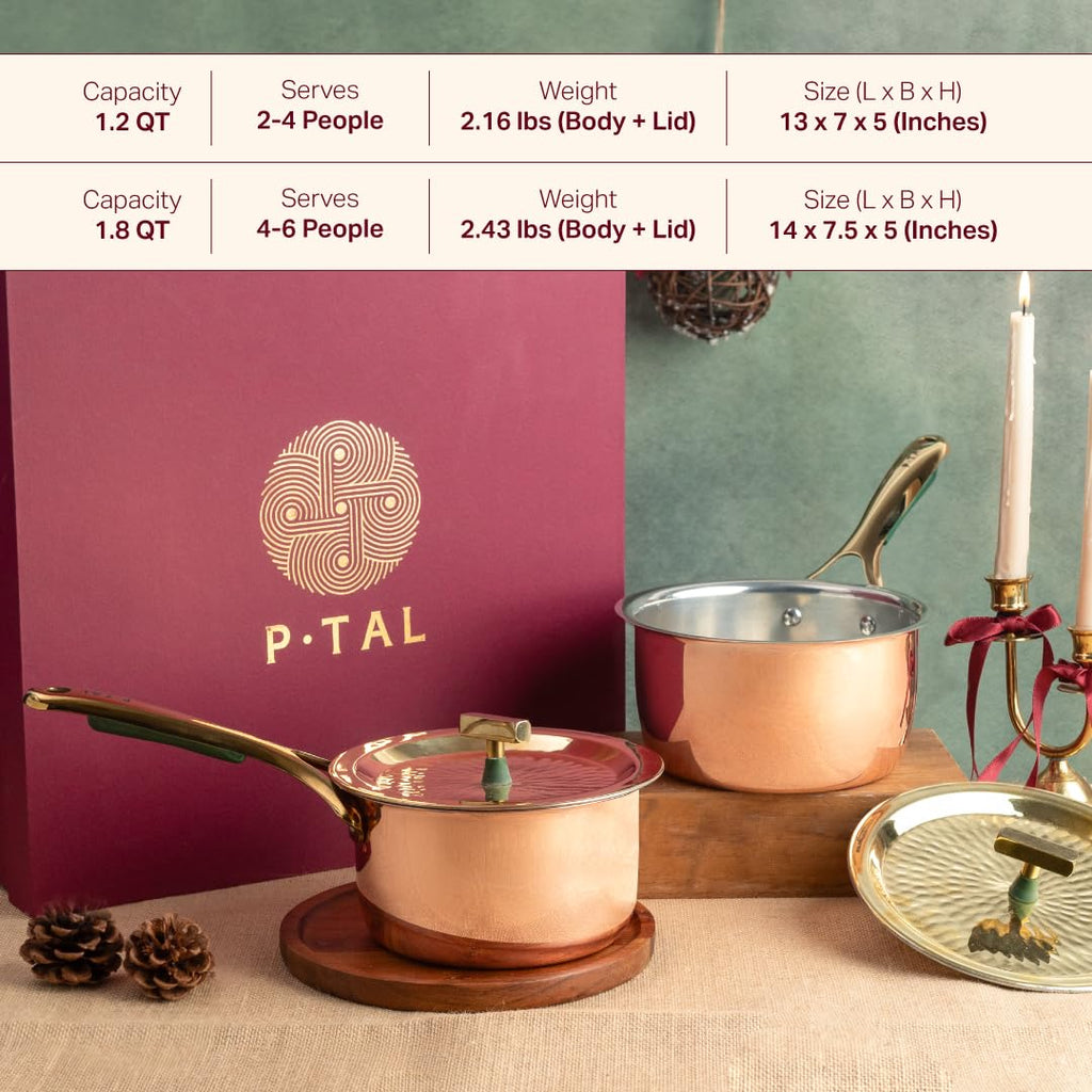 Pure Copper Saucepan with Brass Lid (1.8-Quart) - Handcrafted 100% Solid Copper Pan with Food-Safe Tin Lining