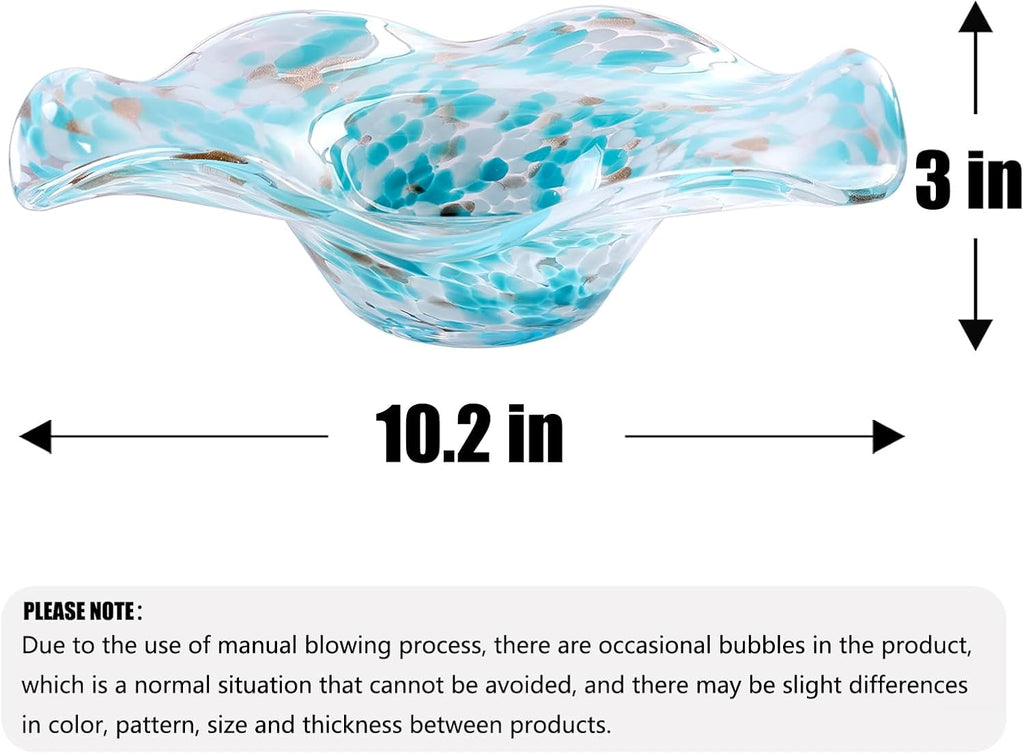 Hand Blown Murano-style Art Glass Bowl, 10.2-Inch Large Decorative Centerpiece for Table, Cobalt Blue Fruit Display &