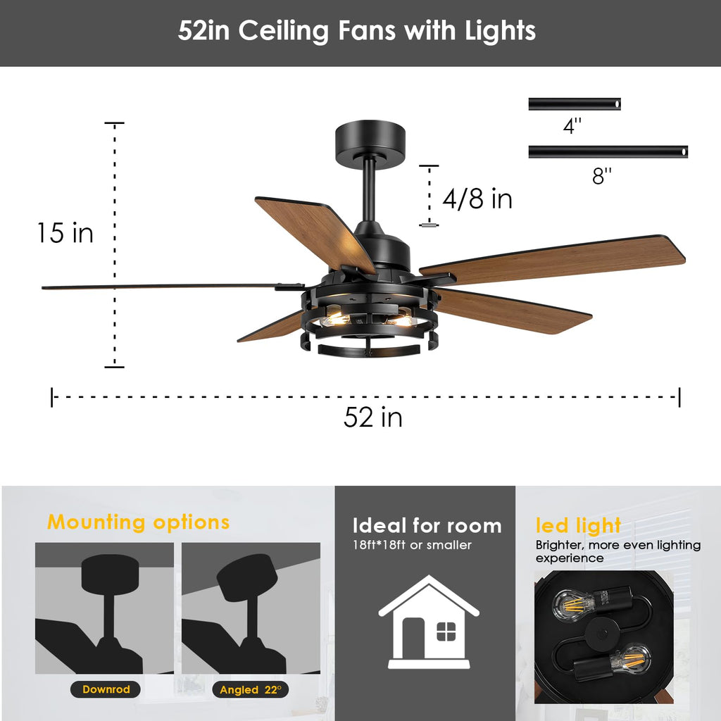52 Inch Ceiling Fan with Light and Remote Control, Rustic Farmhouse Ceiling Fans with LED Lighting for Indoor and
