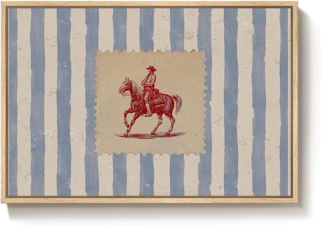 Large Framed Western Cowboy Wall Art , Vintage Farmhouse Horse Canvas Prints Paintings, Blue Striped Country Picture