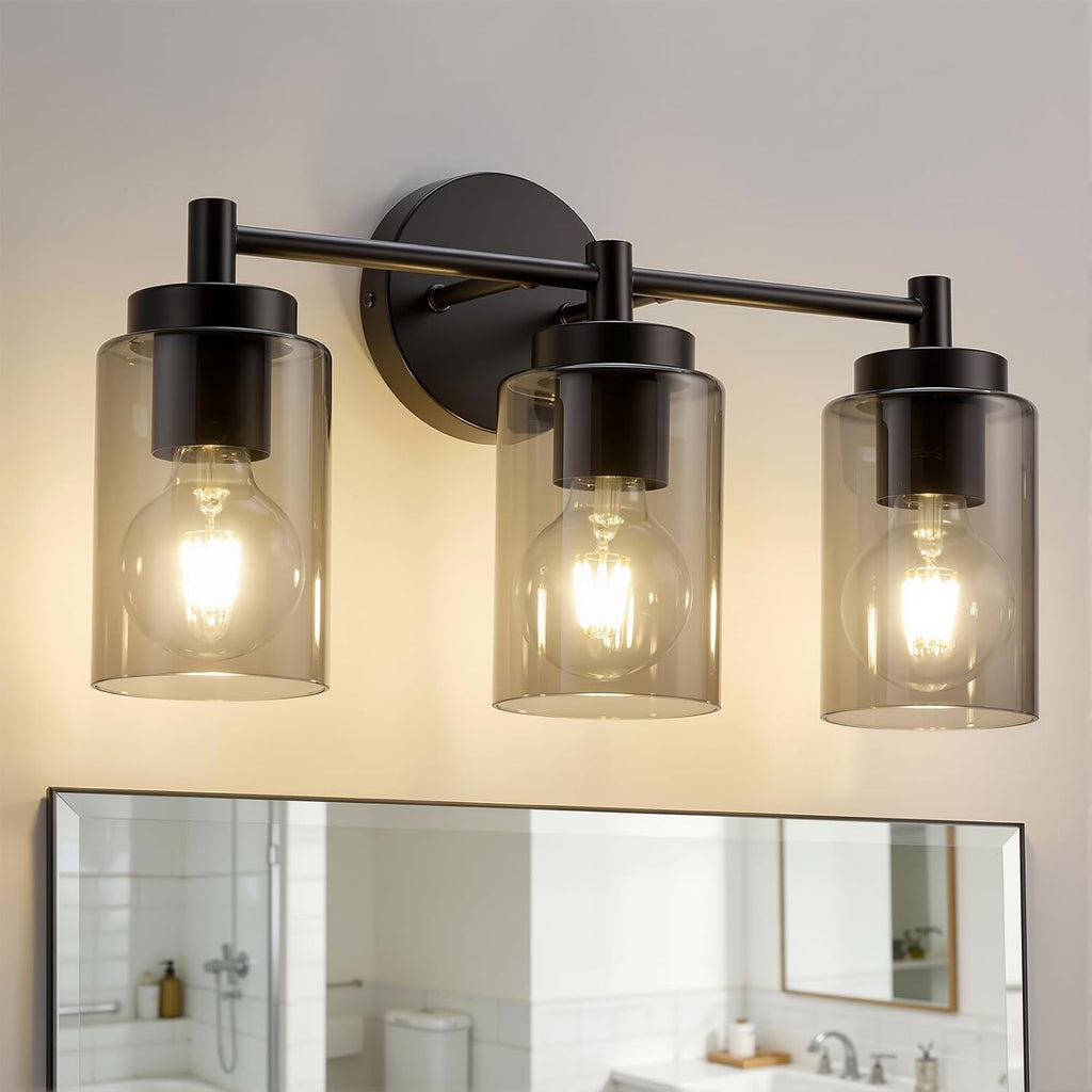3 Light Bathroom Light Fixtures Modern, Black Over Mirror Lamp | 17.12", Smoky Glass, Soft Cozy Glow, Washroom Vanity
