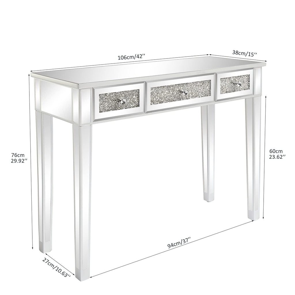 Silver Mirrored Vanity Desk, Makeup Vanity Desk, Glass Desk with 3 Drawers, Glass Vanity for Women Girls Bedroom