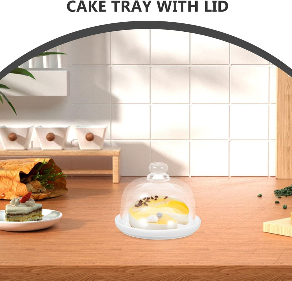 Ceramic Cake Stand with Glass Dome Cover White Ceramic Cake Plate Server Round Clear Glass Dome Dessert Plate Kitchen