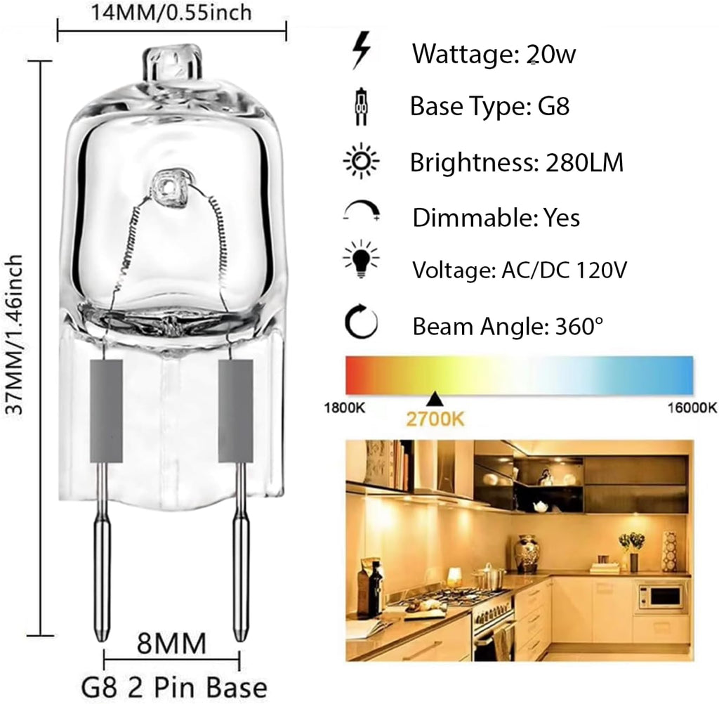 G8 Halogen Bulbs 20W 120V 2700K Warm White Dimmable T4 JCD 2Pin 12PK