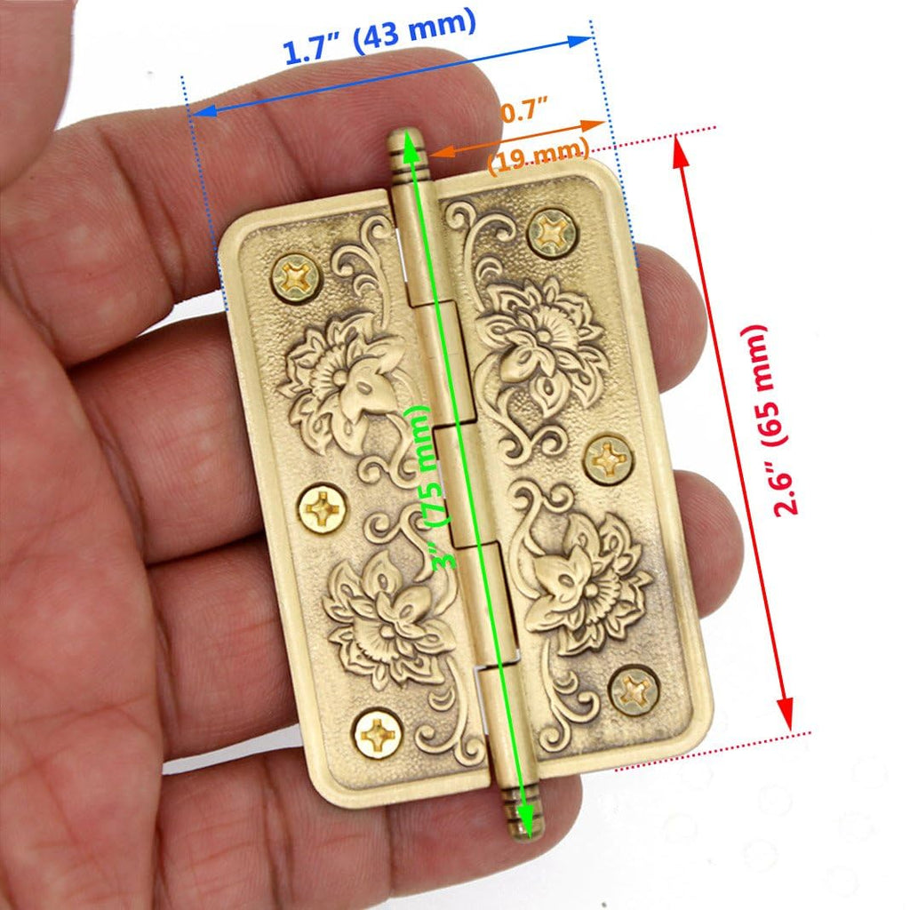 4 PCs Embossed Brass Hinges - Decorative Flap Hinges with Flower Patterns for Wooden Chest Trunck Cabinet Cupboard