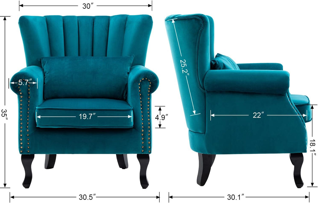 Mid Century Modern Accent Chair Upholstered Armchair Comfy Velvet Fabric Single Sofa with Lined Wingback for Small