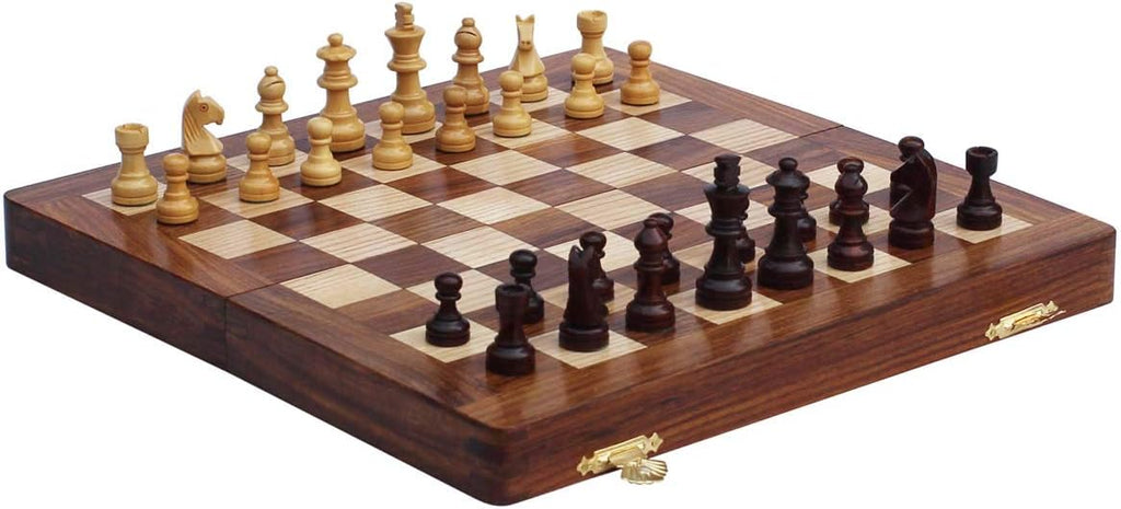Magnetic Travel Chess Board Set - Classic Wood Staunton 7 X 7 Inch Pocket Chess Set with Folding Game Board Handmade