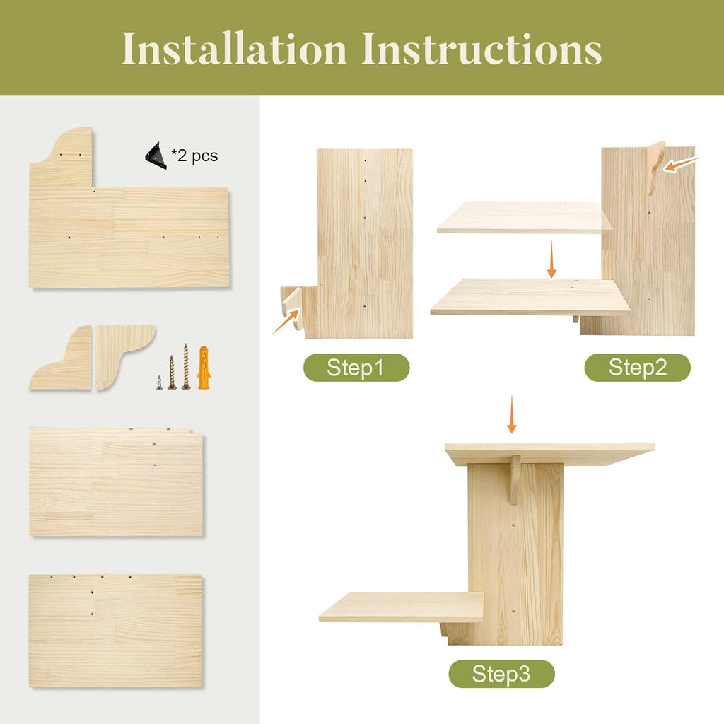 2-Tier Cat Wall Shelves with Bolstered Bed, Solid Wood Wall Mounted Cat Steps and Perch for Single Stud Drywall
