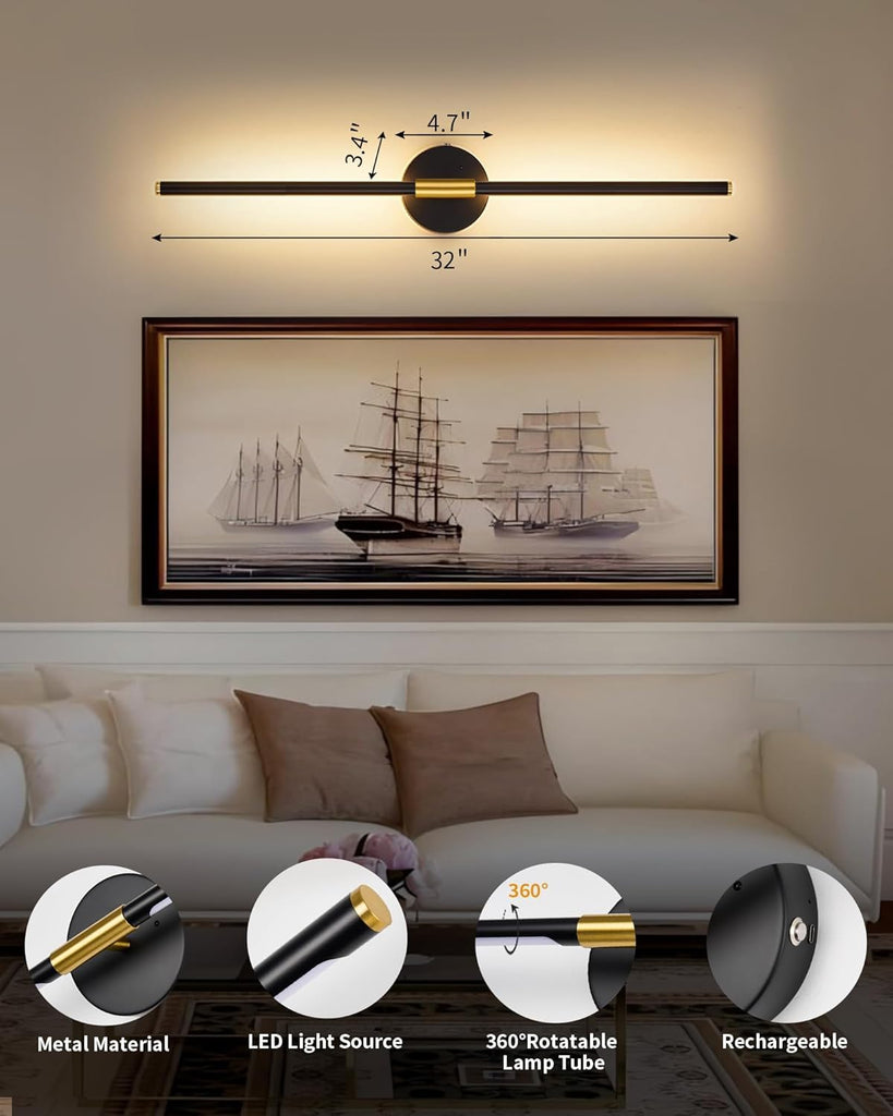 24" Battery Operated Wall Sconce Set of 2, 350° Rotating Lamp, Black Gold