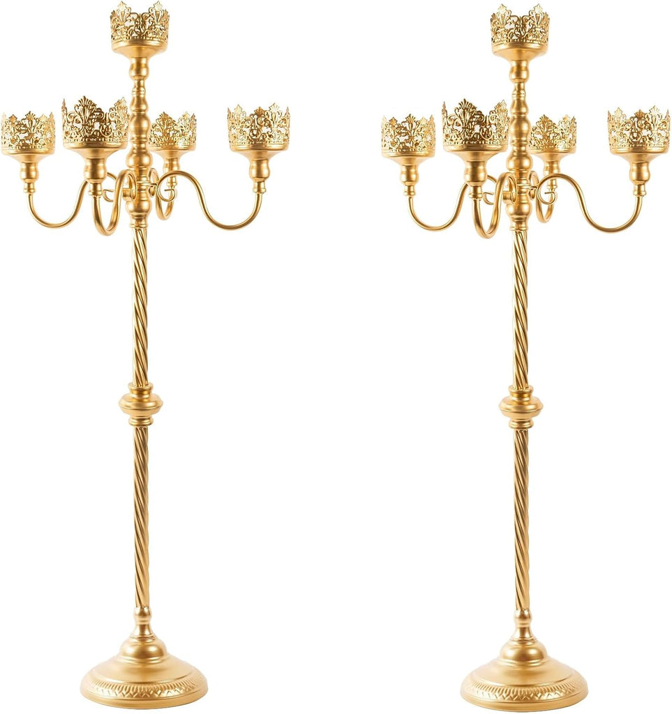 Gold Floor Candelabra, 40'' Tall Floor Candle Holders, 2 Pcs Metal 5 Arm Candelabra Centerpiece Decorations for 5