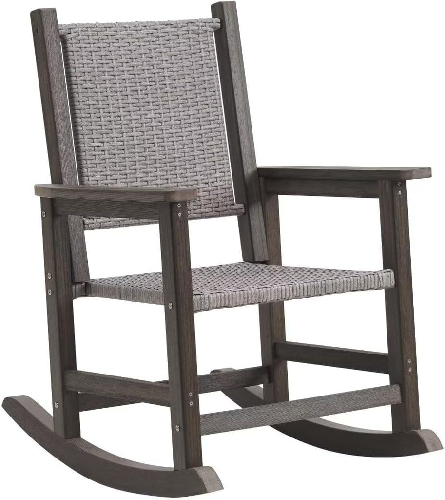 HDPE Outdoor Rocking Chair, All-Weather Wicker Porch Rocker, Dark Brown | Durable HDPE frame with woven seat and