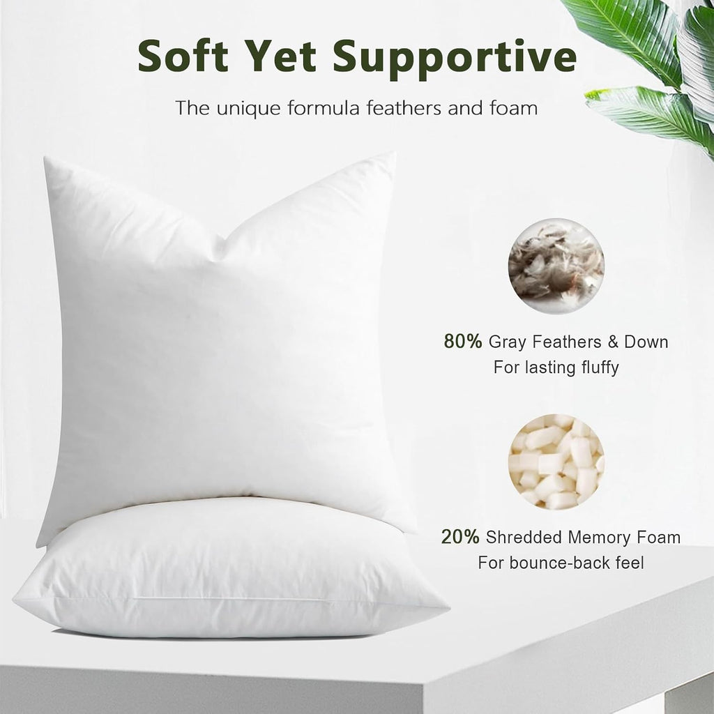 Feather Down Throw Pillow Inserts with Organic Cotton, 20x20 - Set of 2
