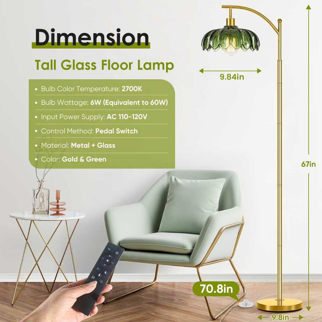 Gold Floor Lamp with Remote Control, Unique Vintage Standing Tall Lamp, Mid Century Modern Floor Lamps Arc Green Glass