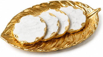 White Marble Coasters with Gold Leaf Tray Set Decorative Round Drink Coasters with Gold Foil Edge for Coffee - Set of 5