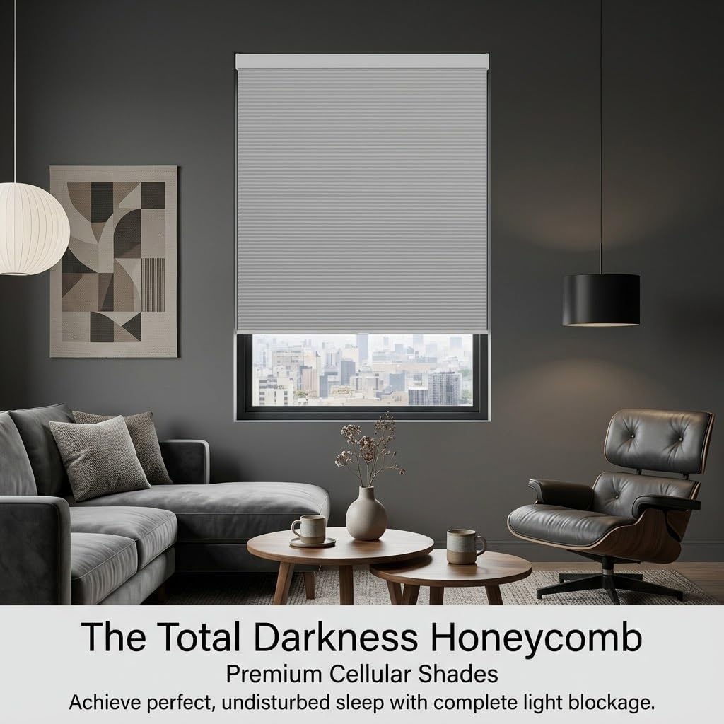 No Drill Blackout Cellular Shades, Cordless Honeycomb Blinds, Black Out Blinds for Indoor Windows, Heat Blocking