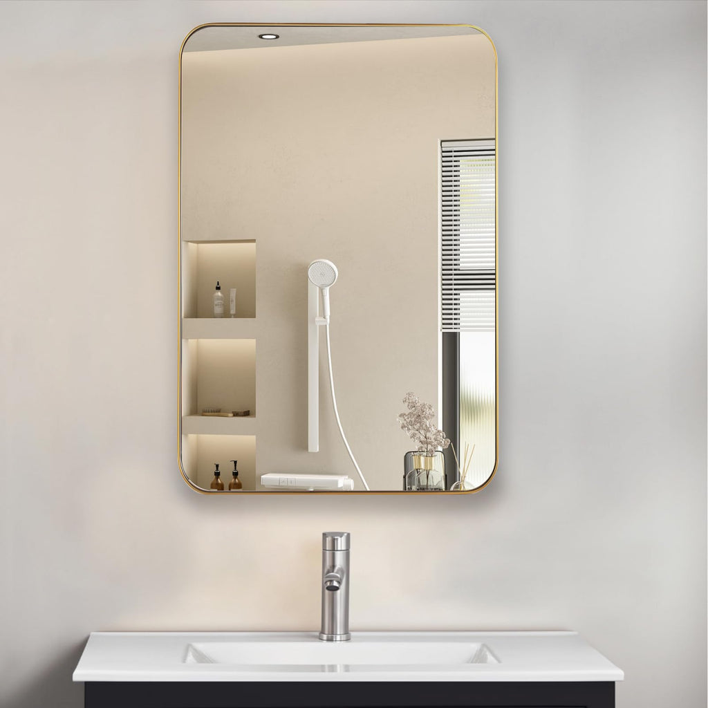 16" x 26" Bathroom Medicine Cabinet with Mirror Door, Brush Gold Stainless Steel Frame, Recessed or Surface