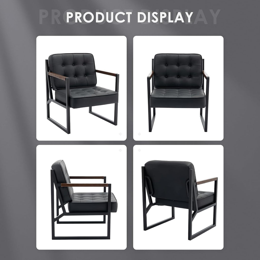 Black Leather Accent Chair, Accent Arm Chair, Comfy Armchair with Metal Legs Bedroom Reception Waiting Room