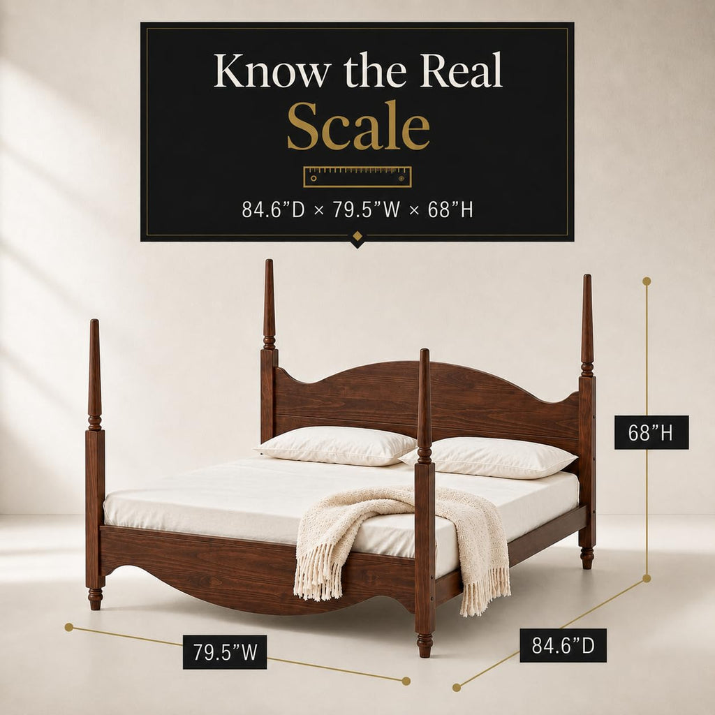 Brixton Solid Pine Wood Four-Poster Bed, Arched Headboard, Walnut