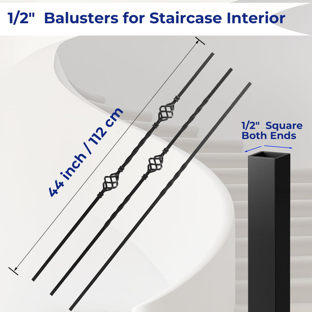 9-Pack Iron Balusters for Staircase Interior, 44" Set with 3 Designs