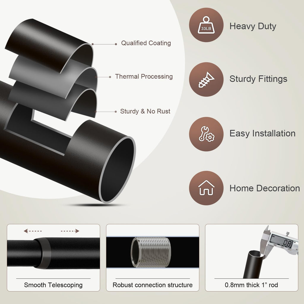 Black Curtain Rods for Windows 48 to 84 Inches Adjustable Heavy Duty 1" Diameter Window Curtain Rod with Decorative